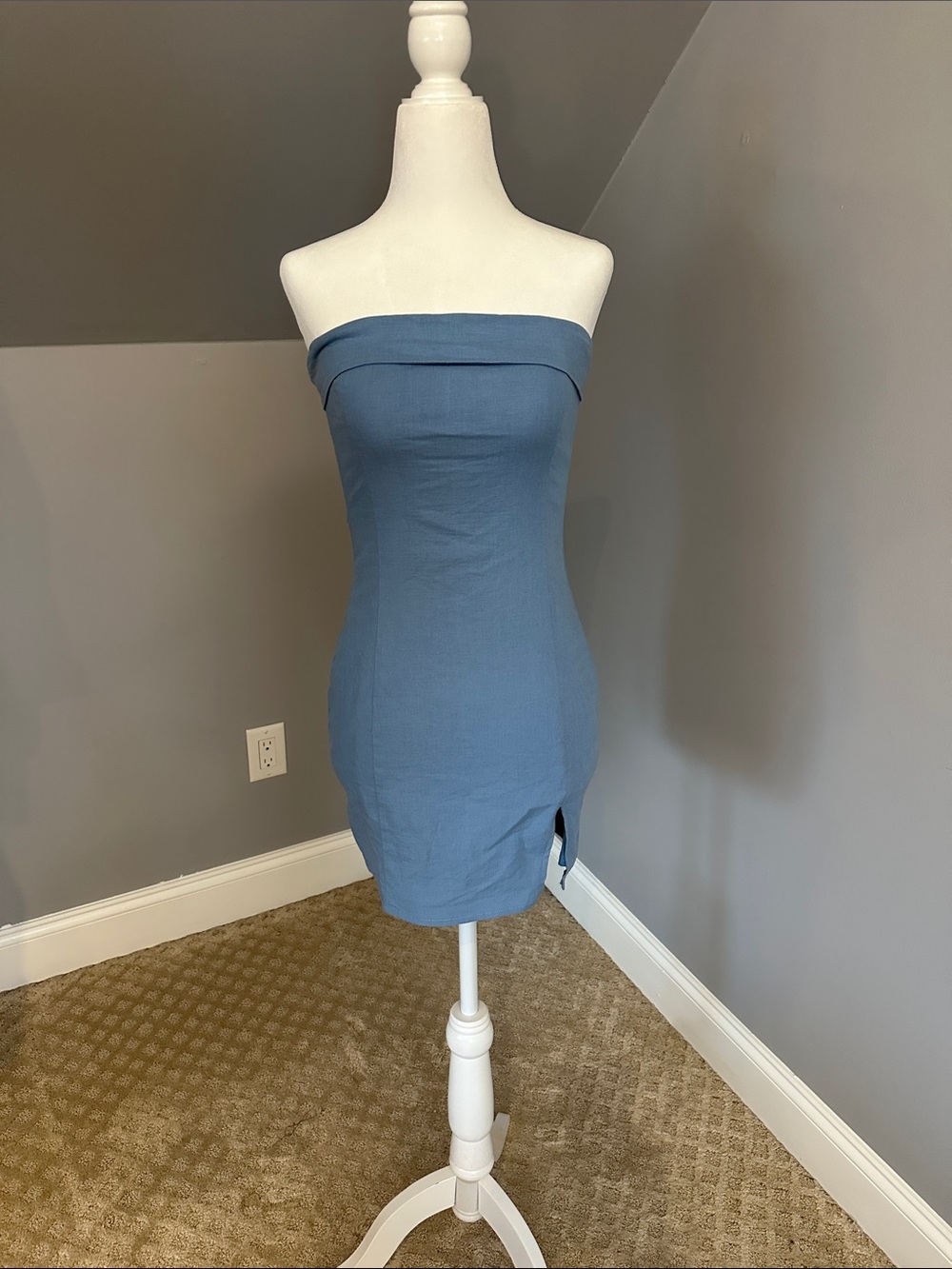 Strapless Slate-Blue Figure-Hugging Mini Dress